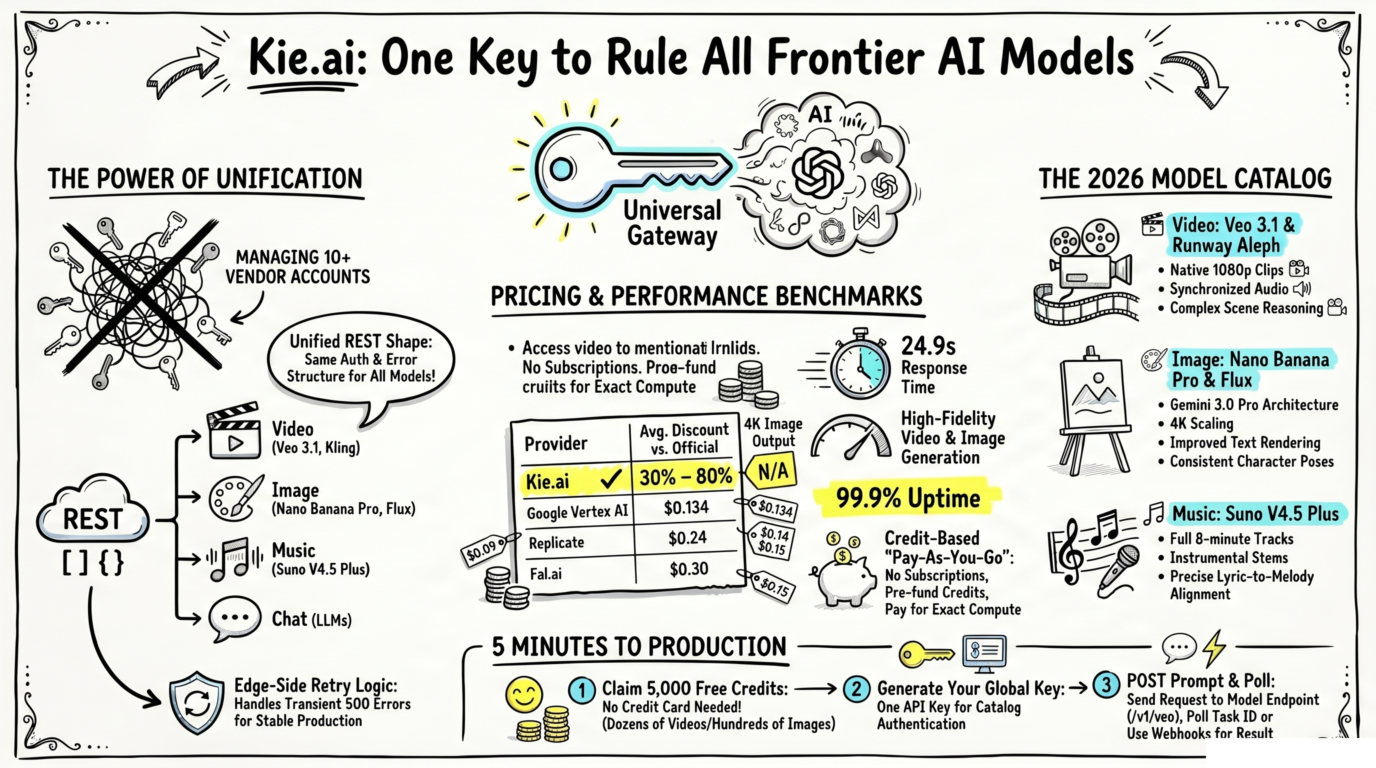 Kie.ai visual overview — models, pricing, integration workflow sourced from NotebookLM