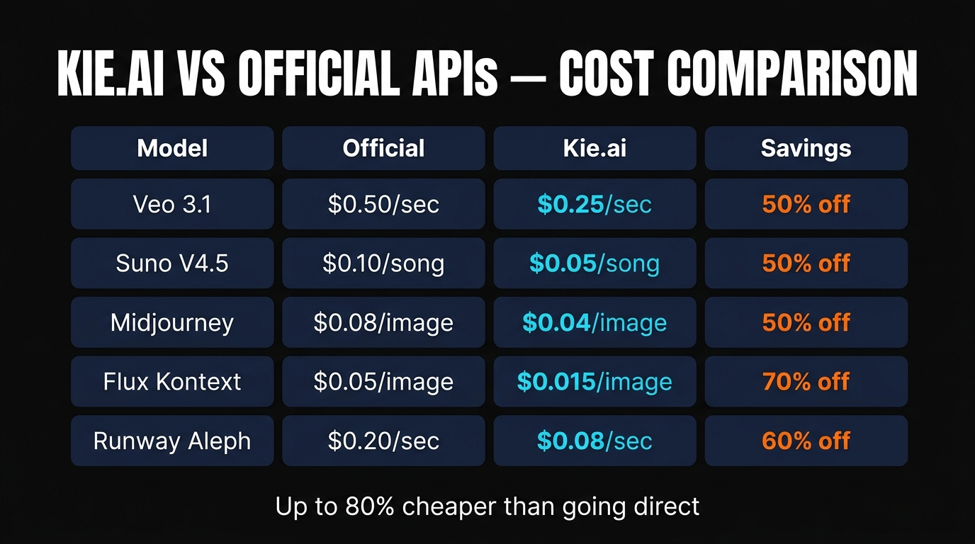 Kie.ai pricing vs official APIs — Veo, Suno, Midjourney, Flux, Runway Aleph savings