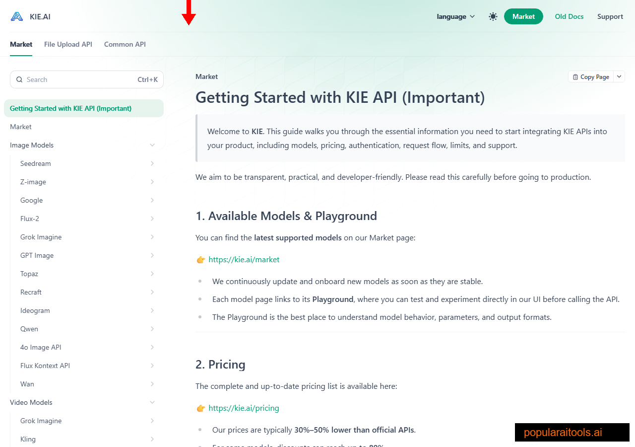 Kie.ai developer documentation site with code samples for every model