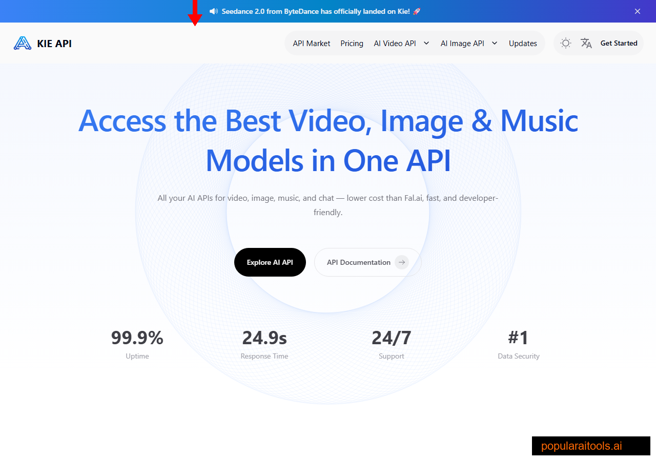 Kie.ai homepage showing 99.9% uptime, 24.9s response time, and unified API access to video/image/music models