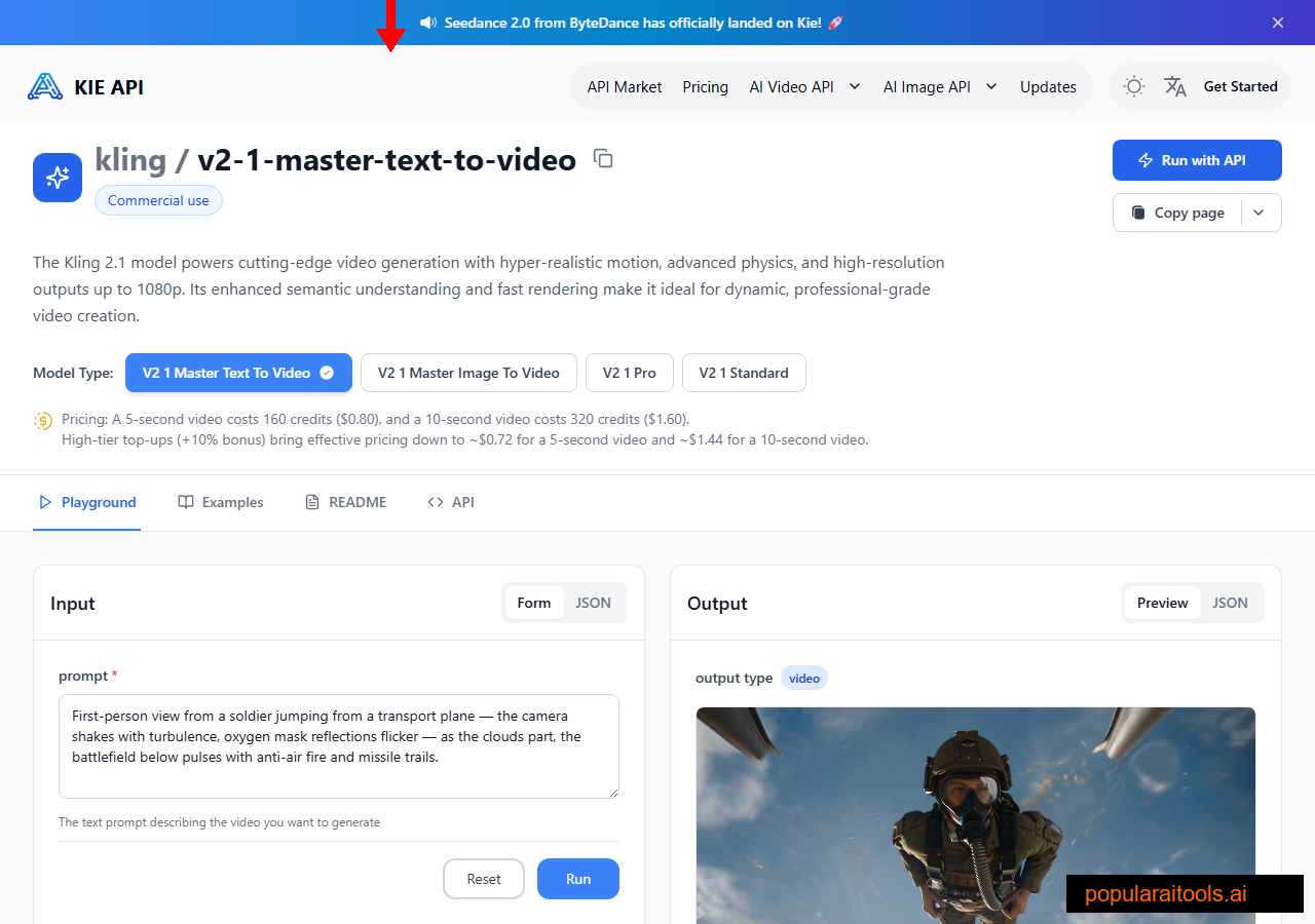 Kie.ai Kling v2.1 API page — cinematic 1080p video generation