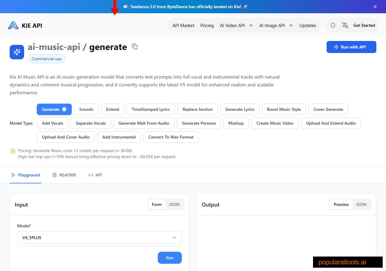 Kie.ai Suno API page showing V4.5 Plus music generation capabilities