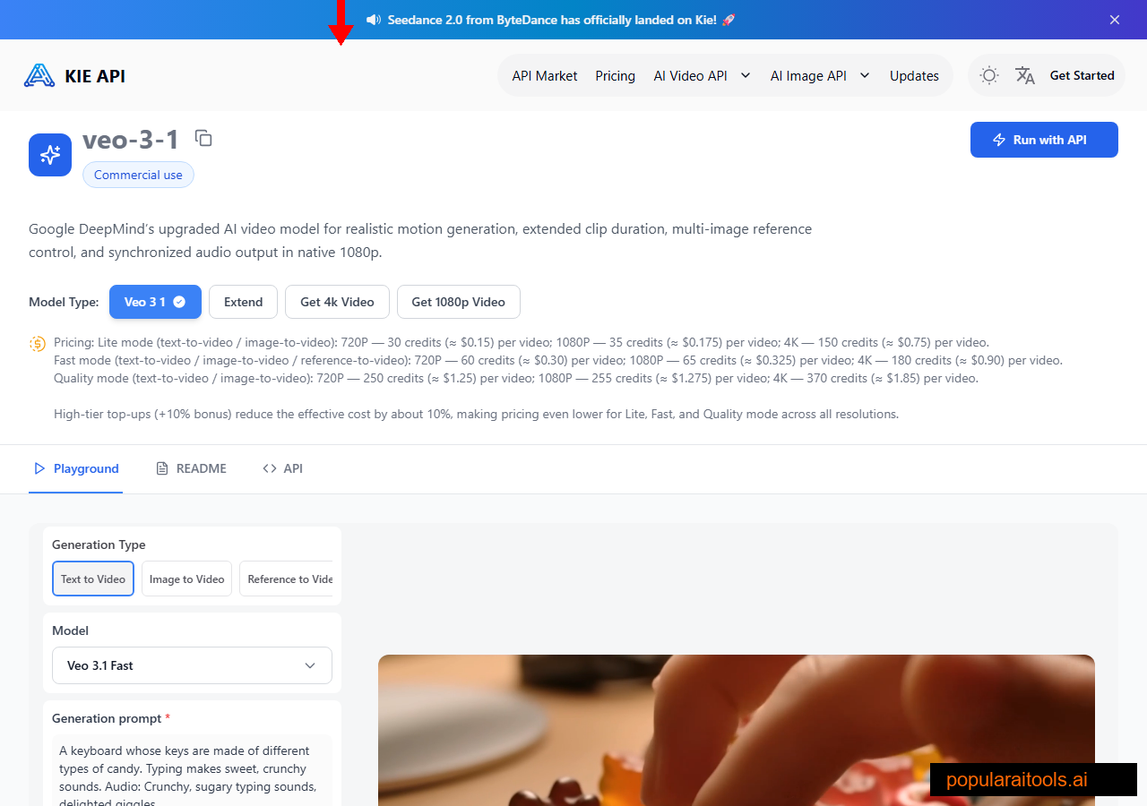 Kie.ai Veo 3.1 API page — text-to-video with synchronised audio