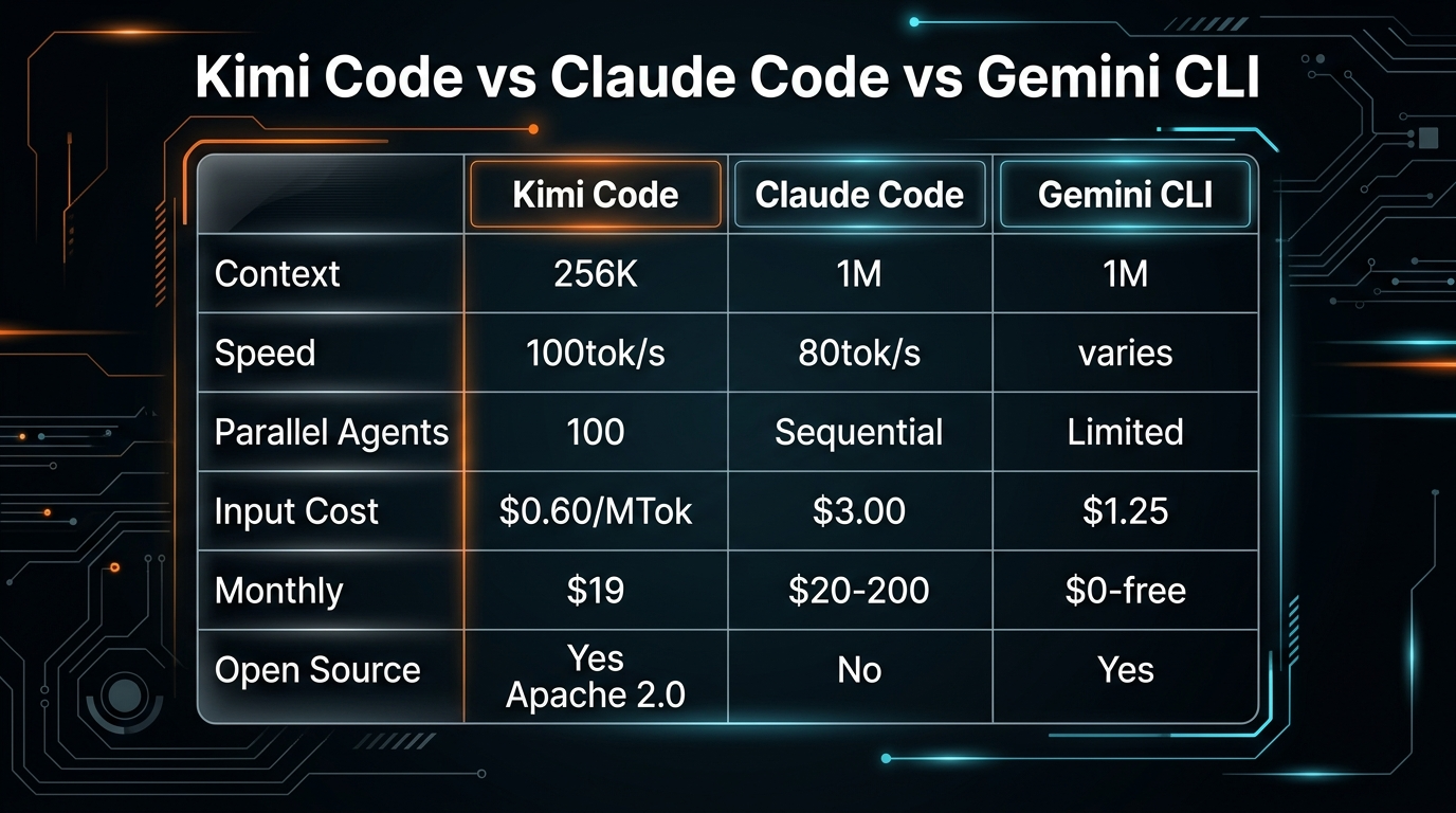 Comparison infographic: Kimi Code vs Claude Code vs Gemini CLI showing context, speed, agents, cost, and open source status