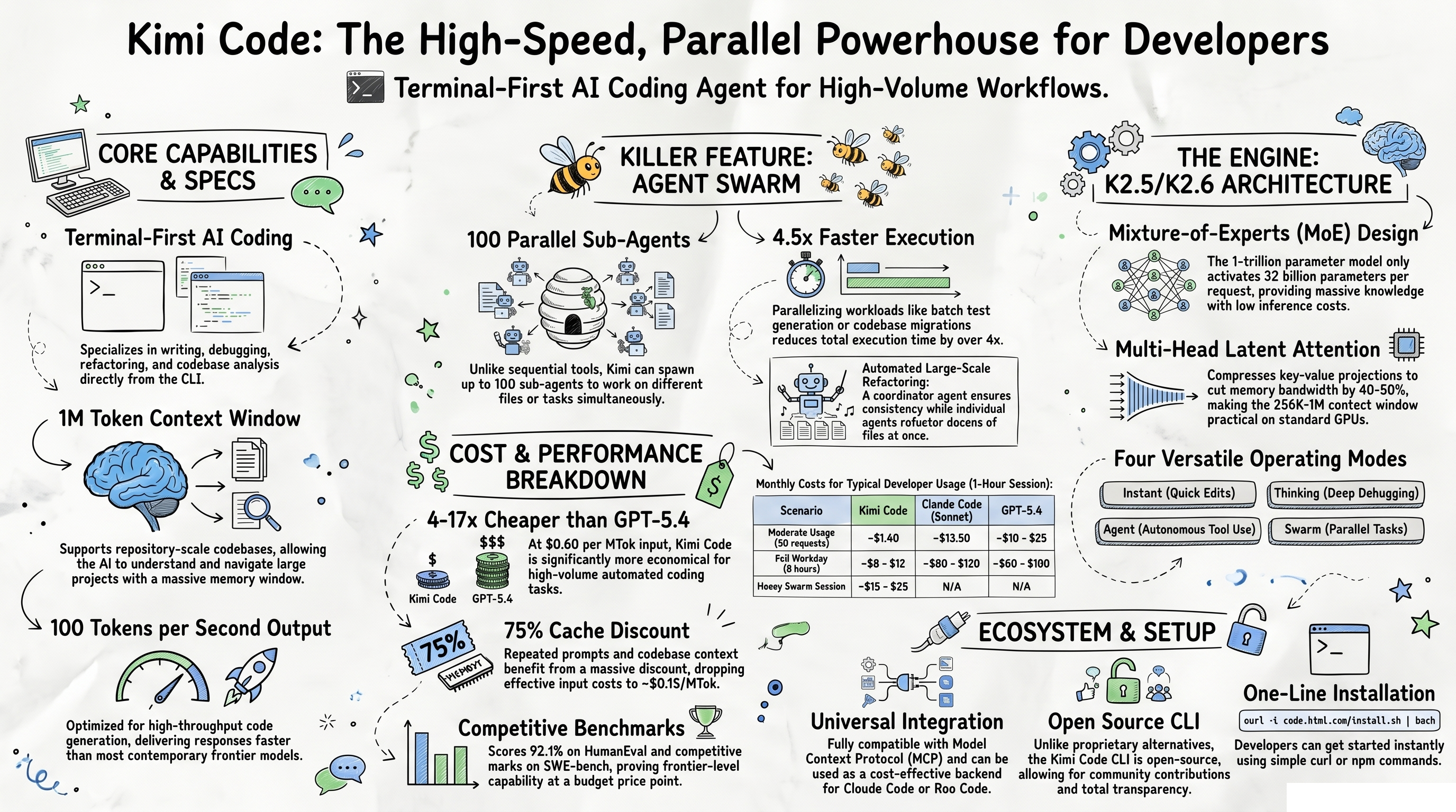 Comprehensive sketch-note infographic covering Kimi Code CLI features, parallel agents, K2.6 architecture, and pricing