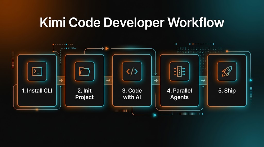 Infographic showing 5-step Kimi Code workflow: Install CLI, Init Project, Code with AI, Parallel Agents, Ship