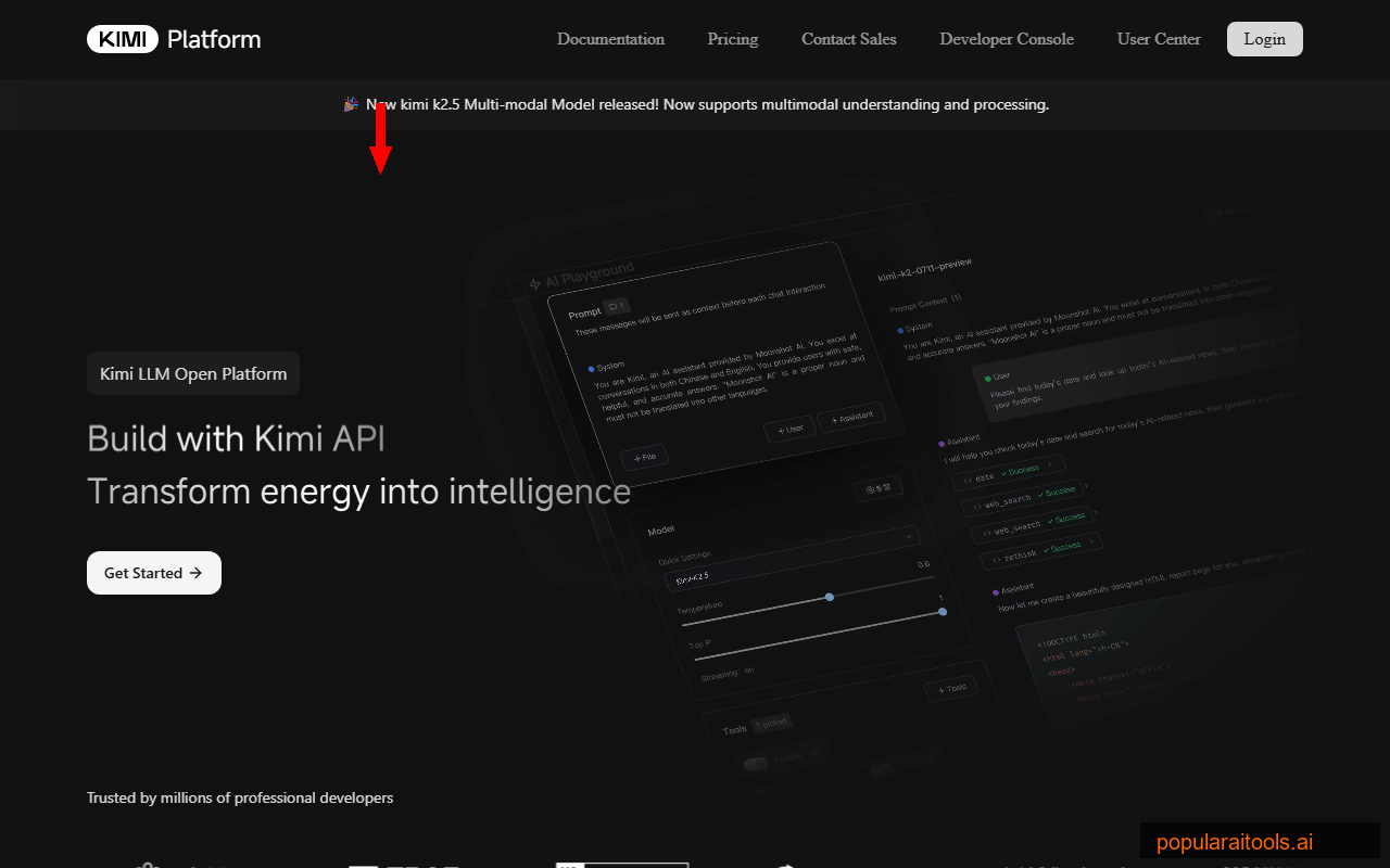 Kimi API Platform showing model selection, API keys, and developer documentation