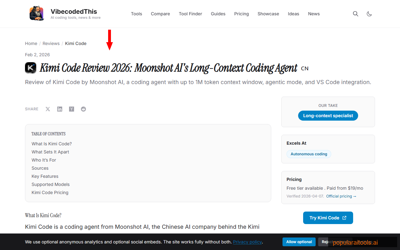 External review of Kimi Code from VibeCodedThis showing independent testing and benchmark results