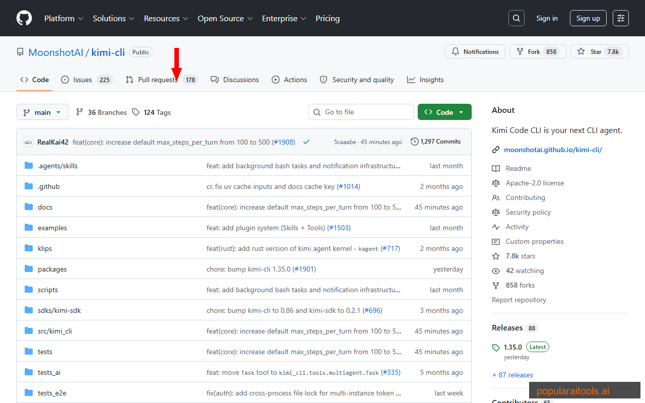 Kimi CLI GitHub repository showing 6,400+ stars and Apache 2.0 license