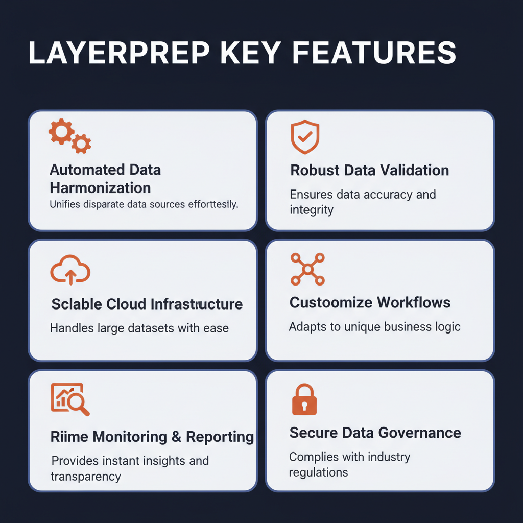 LayerPrep key features infographic showing main capabilities