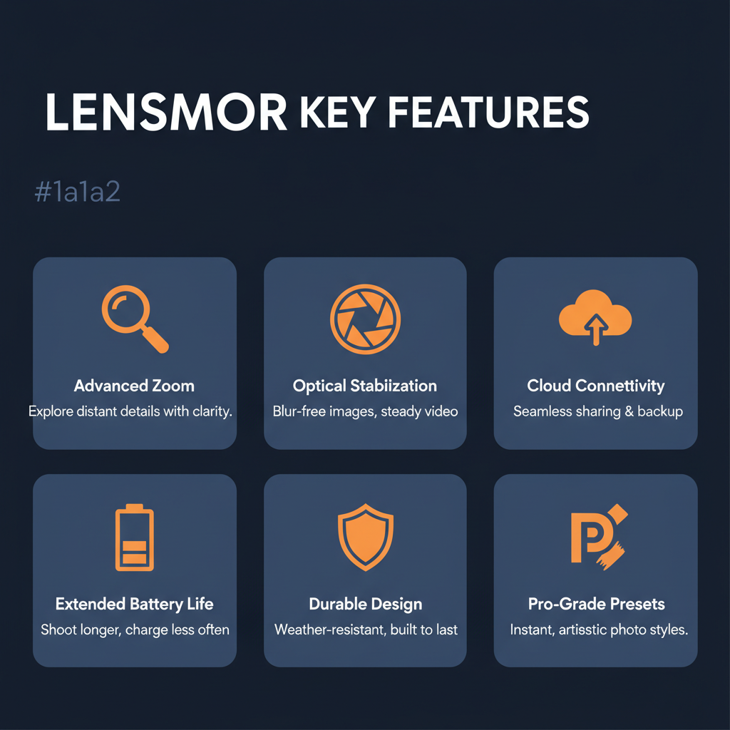 Lensmor key features infographic showing main capabilities