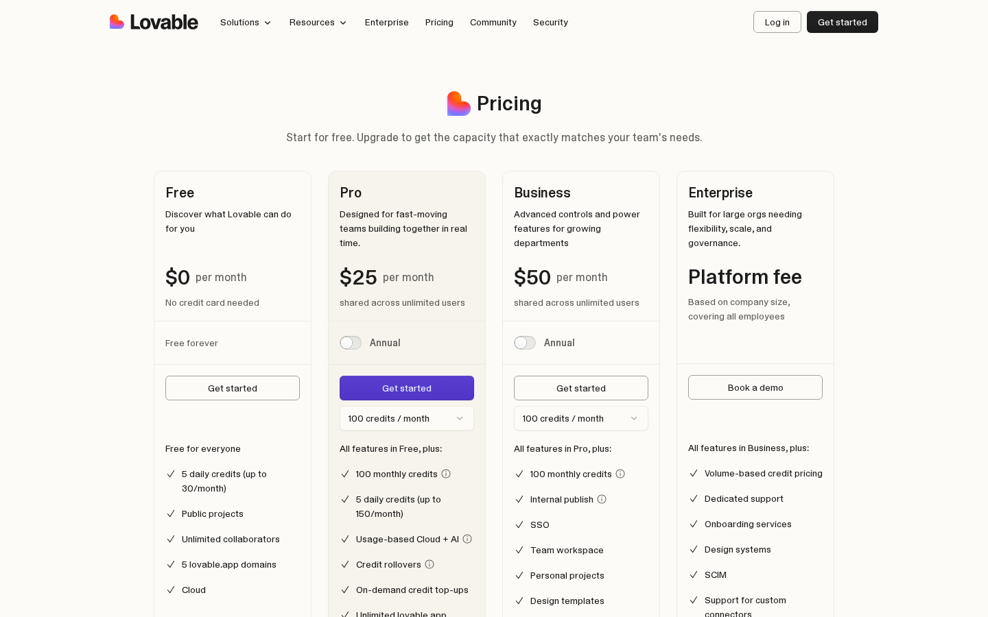 Lovable pricing page screenshot