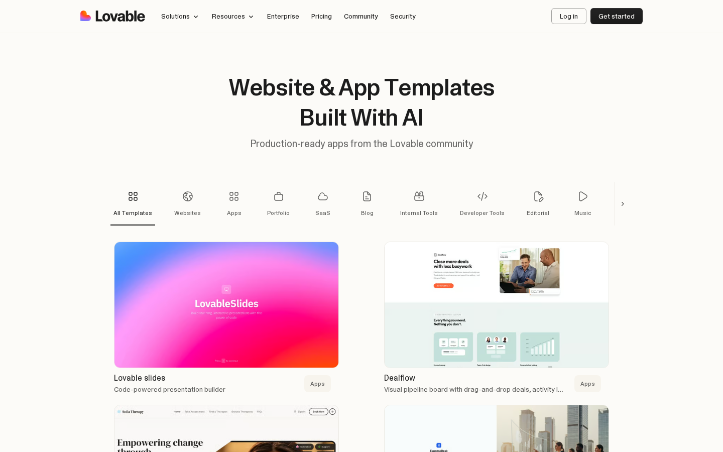 Lovable template library and project creation interface