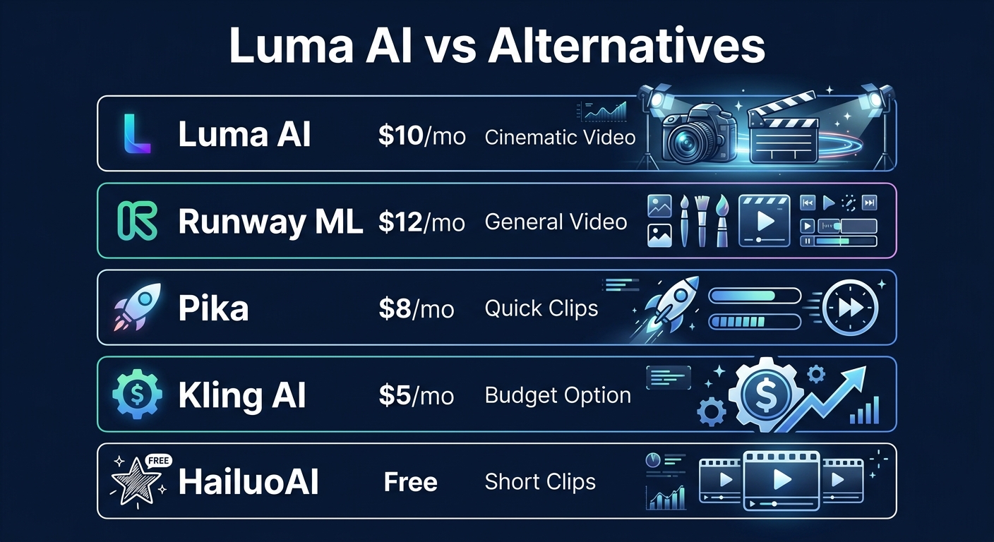 Luma AI alternatives comparison showing Runway ML, Pika, Kling AI, and HailuoAI with pricing and specialties