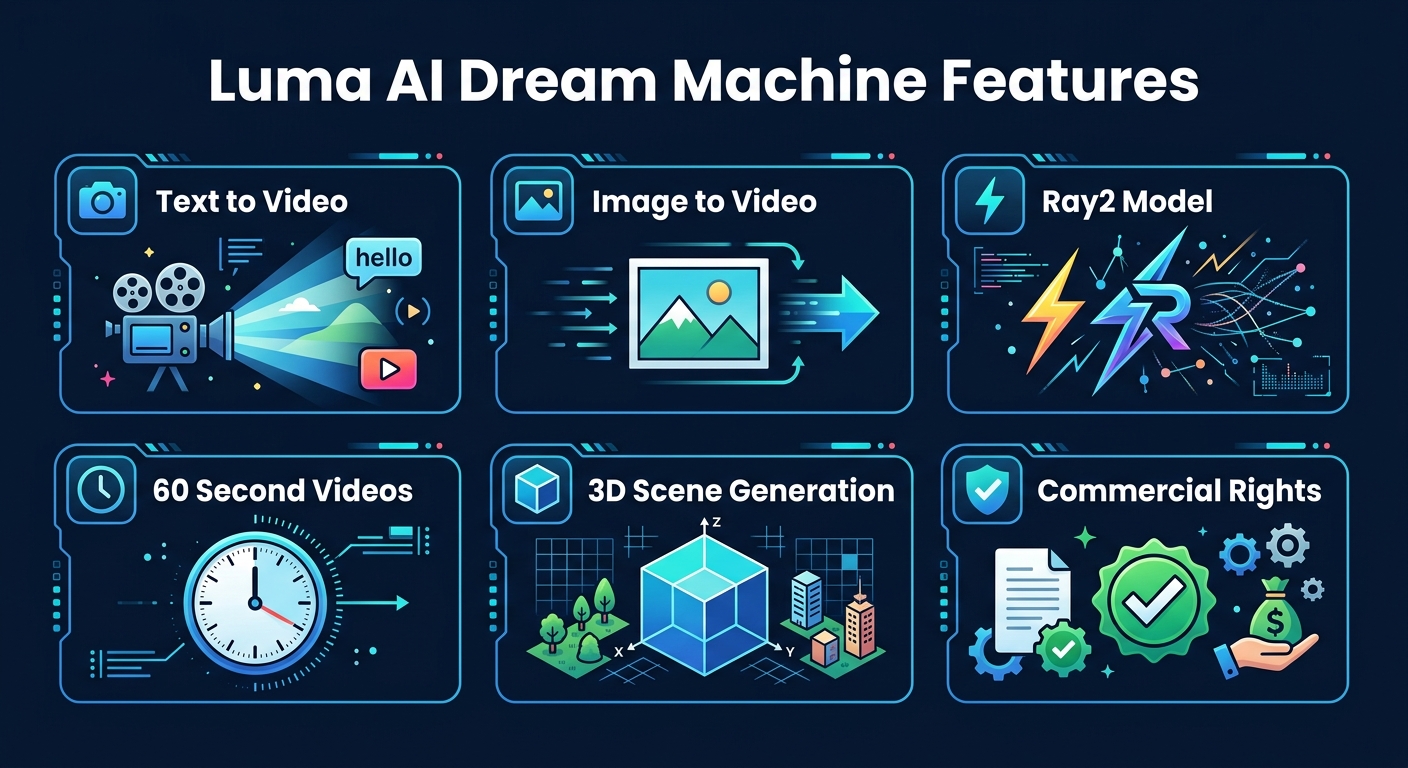 Luma AI Dream Machine features infographic showing Text to Video, Image to Video, Ray2 Model, 60 Second Videos, 3D Scene Generation, and Commercial Rights