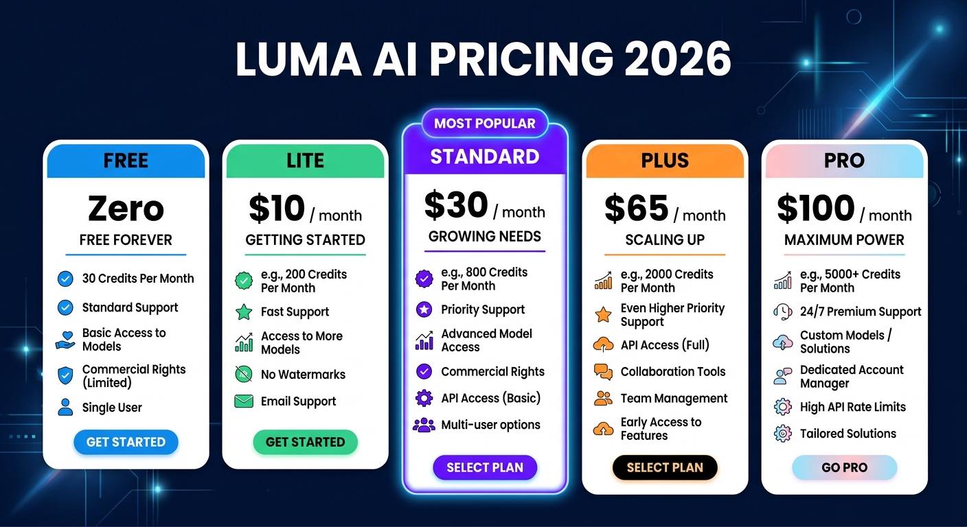 Luma AI pricing comparison showing Free, Lite, Standard, Plus, and Pro tiers with monthly costs
