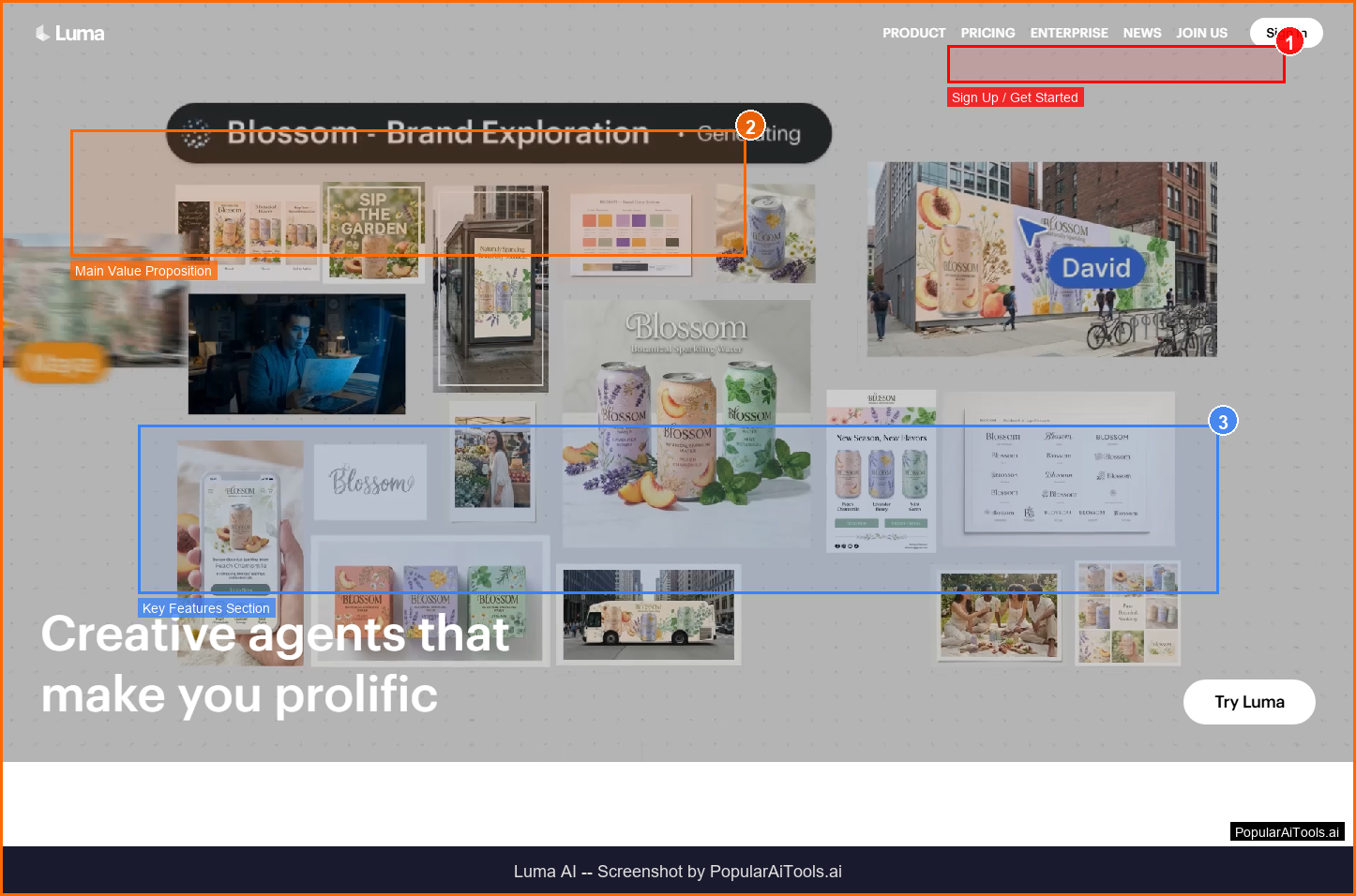 Luma AI Dream Machine homepage with annotations highlighting video generation interface, pricing, and key features