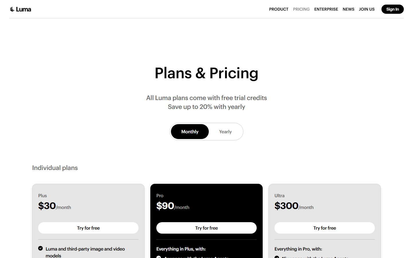 Luma AI Dream Machine official pricing page showing subscription tiers from Free to Premier
