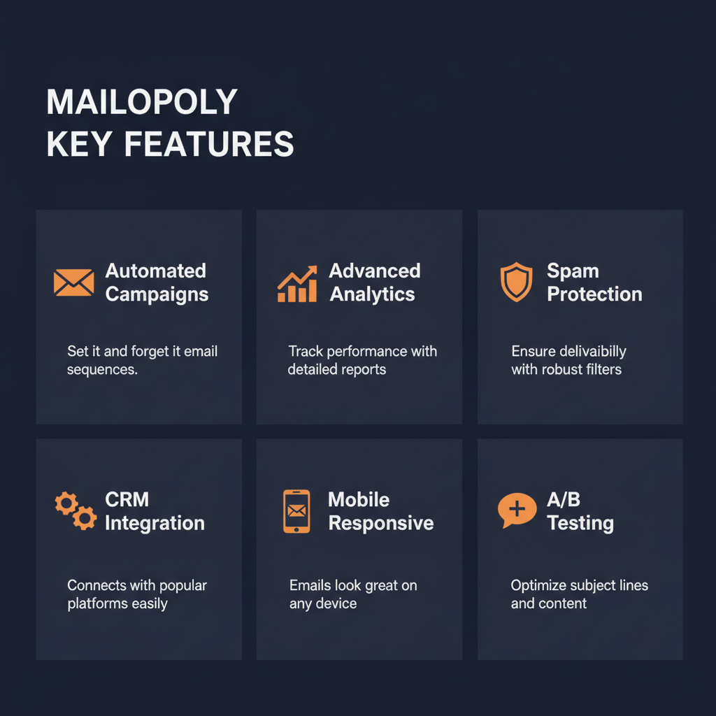 Mailopoly key features infographic showing main capabilities