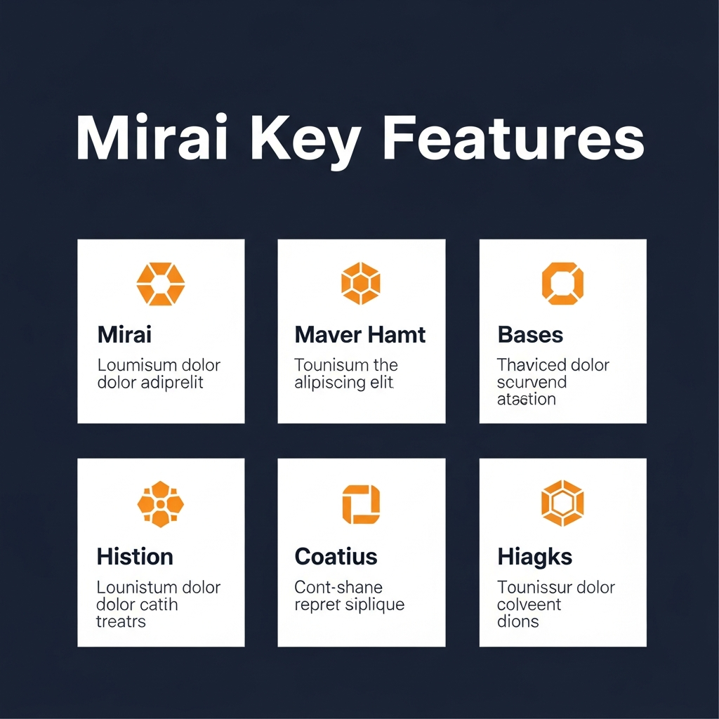 Mirai key features infographic showing main capabilities and tools