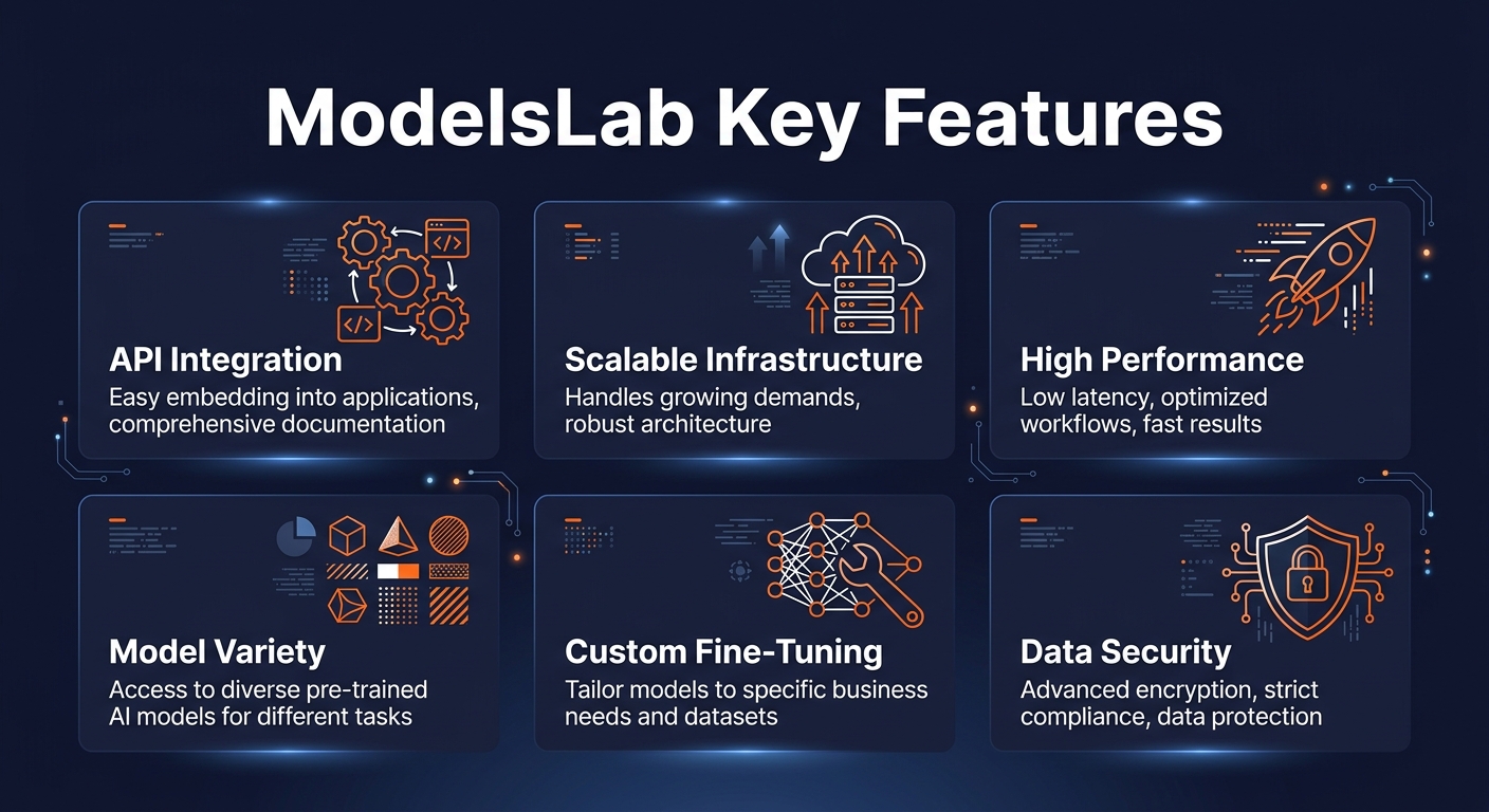 ModelsLab key features infographic showing main capabilities