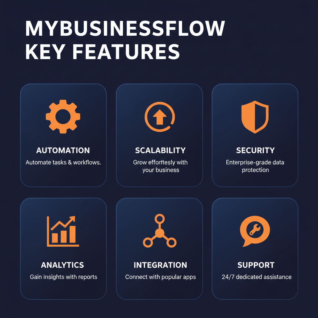 MyBusinessFlow key features infographic showing main capabilities