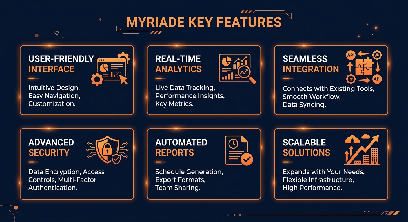 Myriade key features infographic showing main capabilities