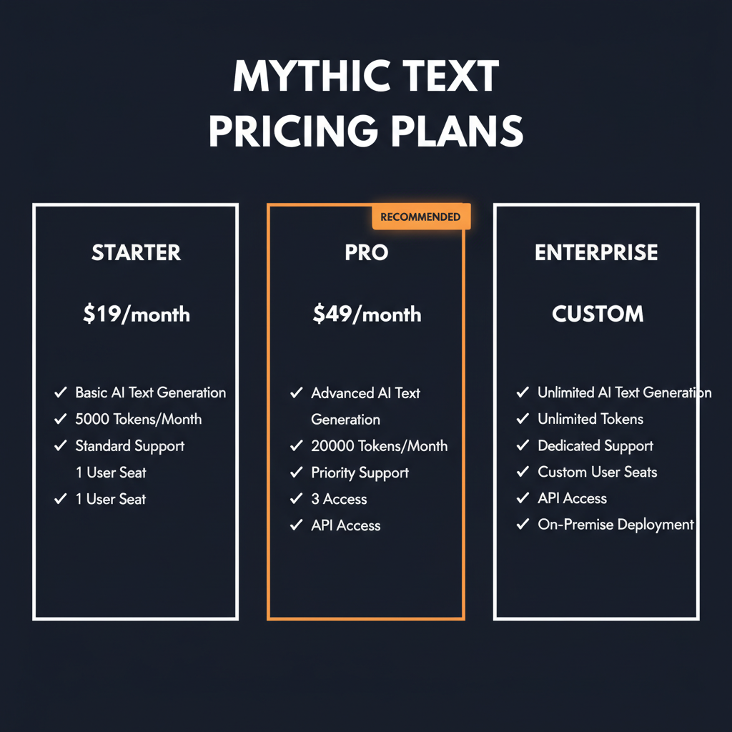 Mythic Text pricing comparison showing plan tiers and features