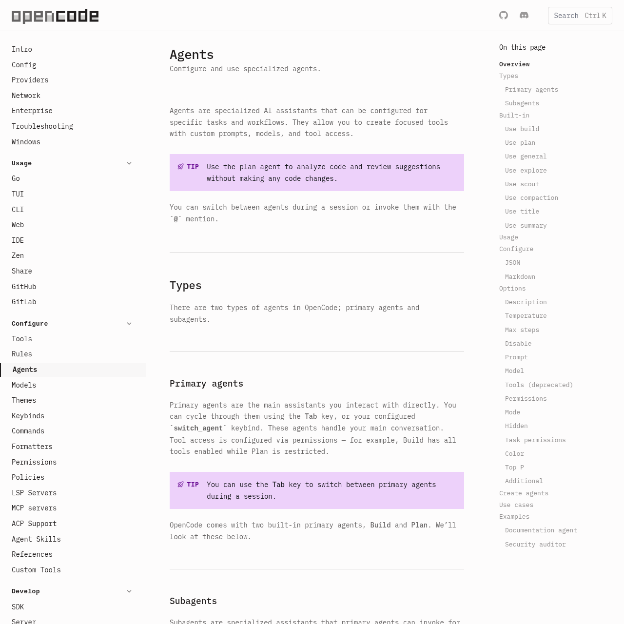 OpenCode agents documentation showing build, plan, and subagent capabilities