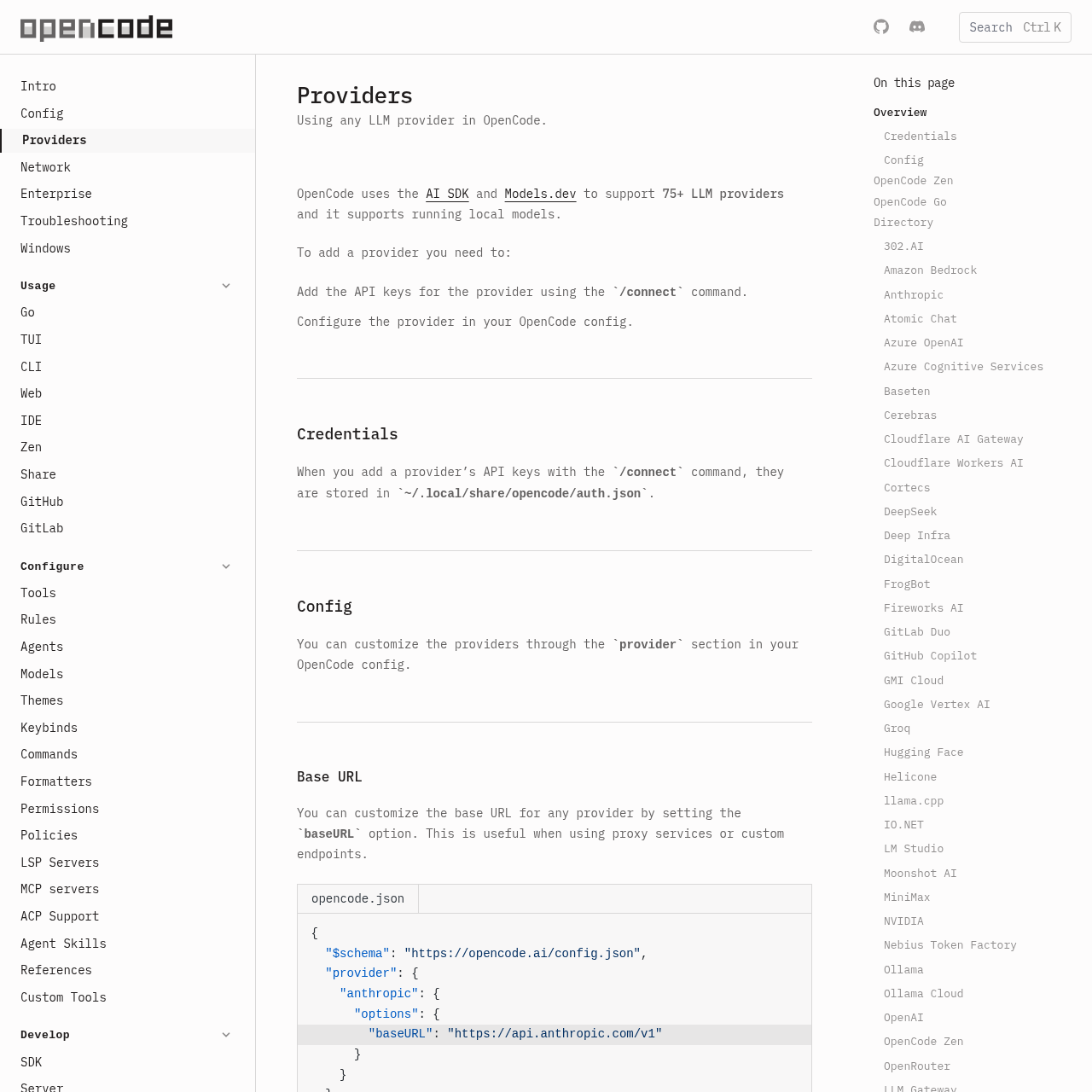 OpenCode providers documentation showing 75+ supported model providers via Models.dev