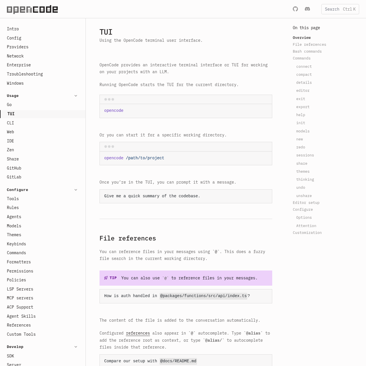 OpenCode terminal TUI documentation showing the polished terminal interface