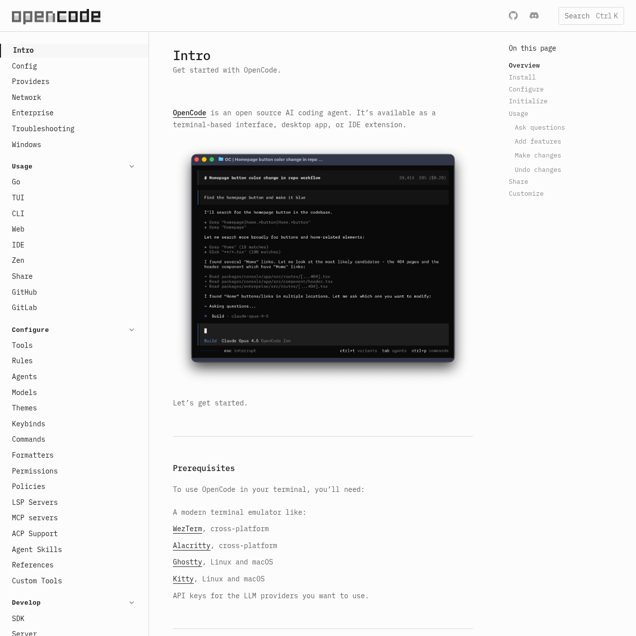 OpenCode documentation homepage with setup guides and configuration