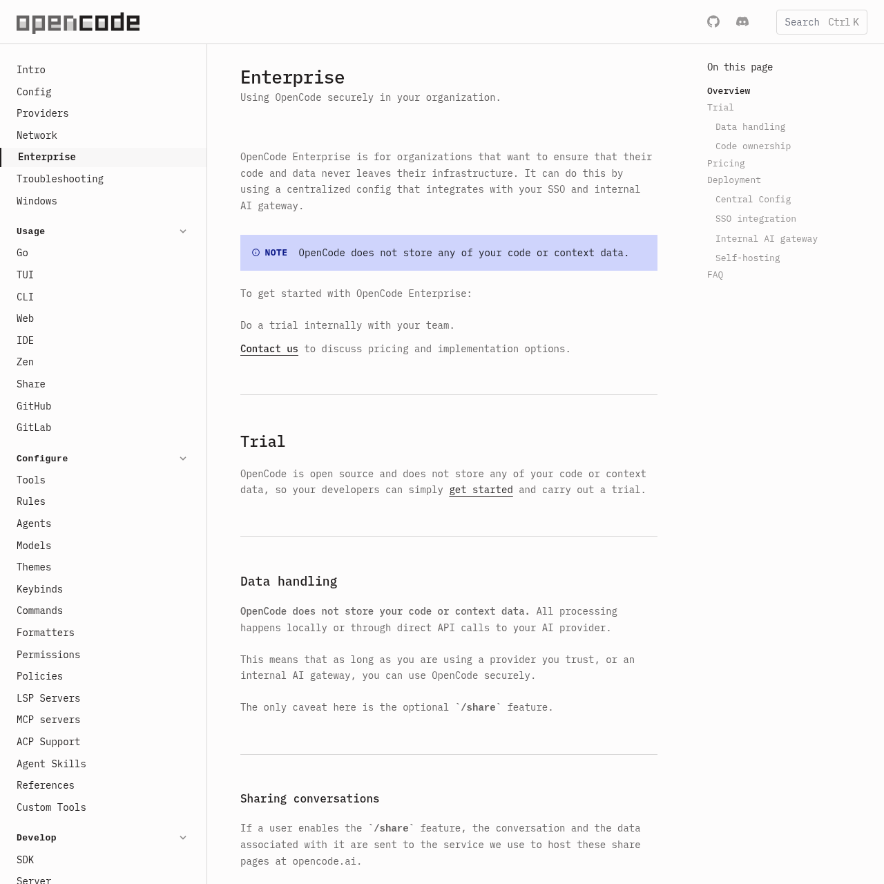 OpenCode enterprise documentation showing team and self-hosting options