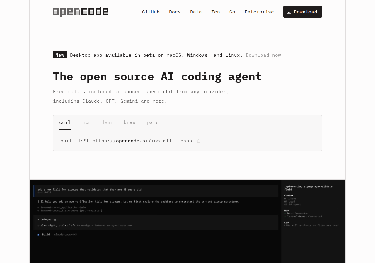 OpenCode homepage showing the open source AI coding agent that connects to any model provider