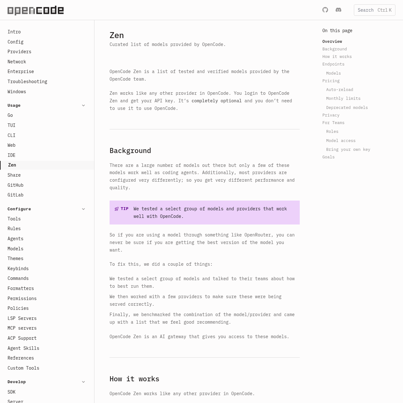 OpenCode Zen curated model service documentation page