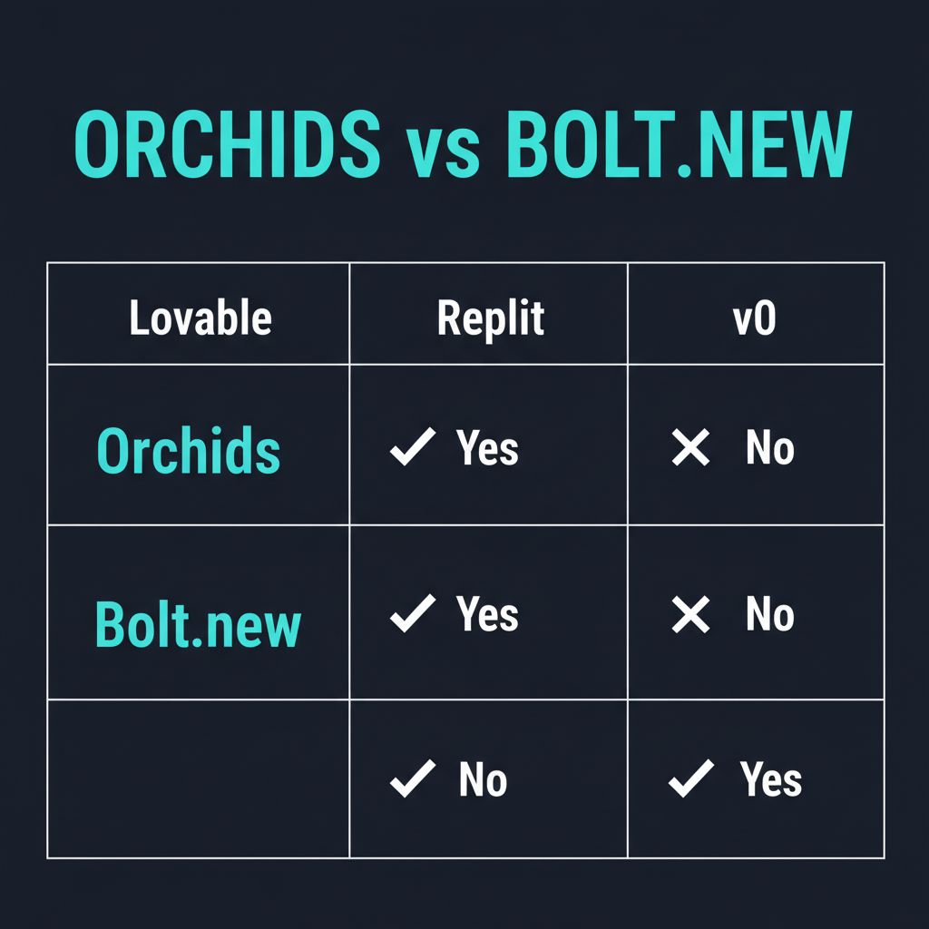 Orchids vs alternatives comparison chart showing Bolt.new and Lovable