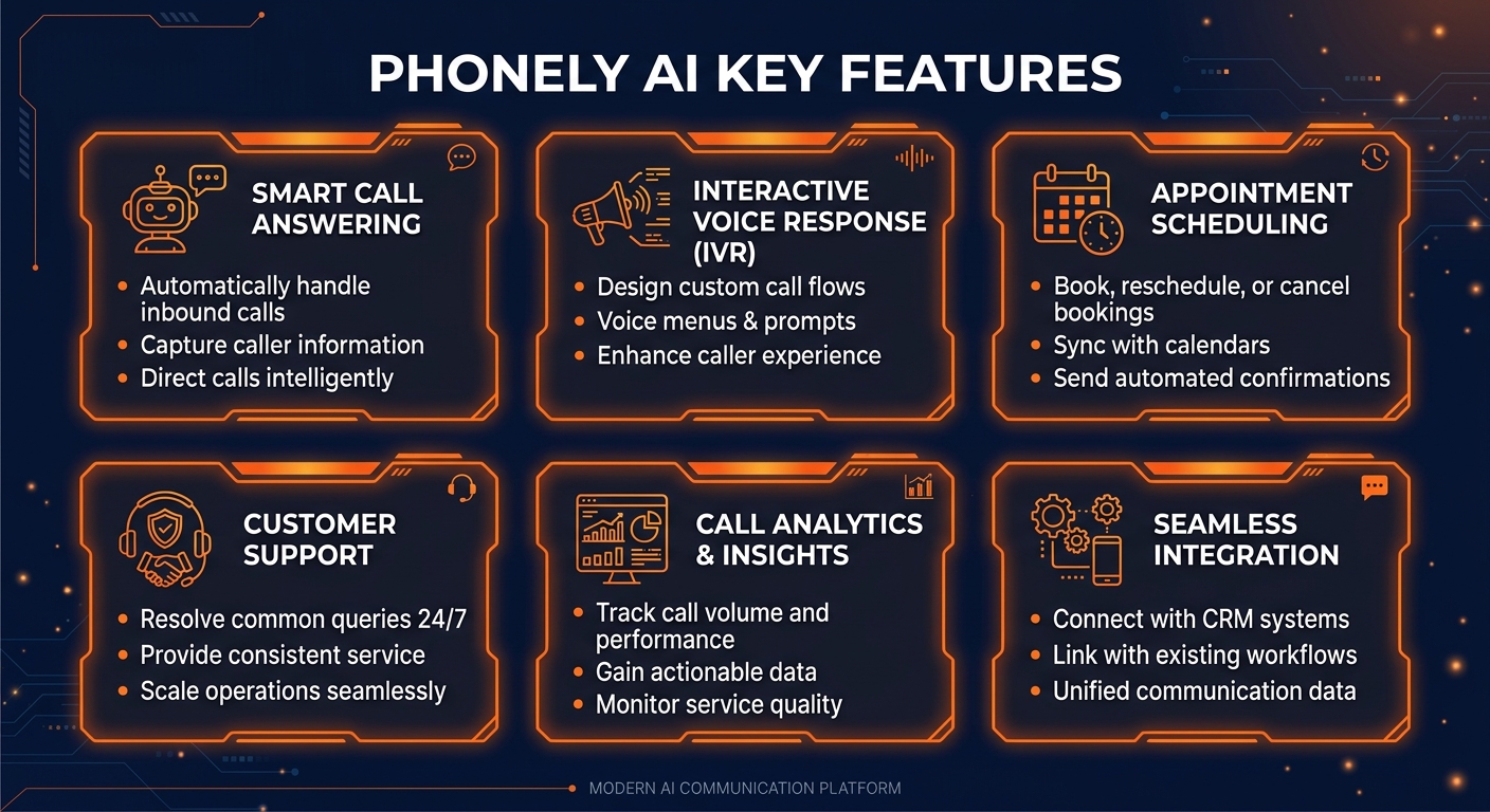 Phonely AI key features infographic showing main capabilities