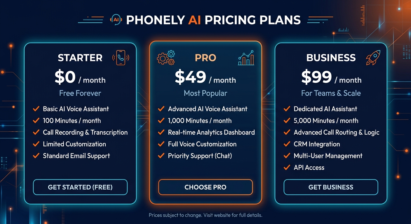 Phonely AI pricing comparison showing plan tiers and features