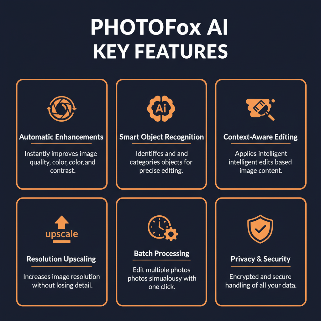PhotoFox AI key features infographic showing main capabilities