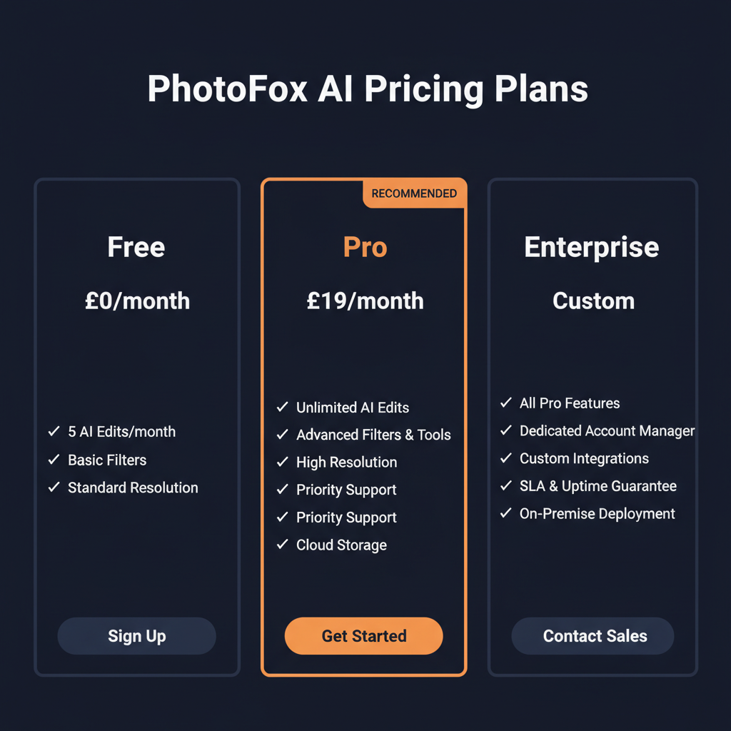 PhotoFox AI pricing comparison showing plan tiers and features