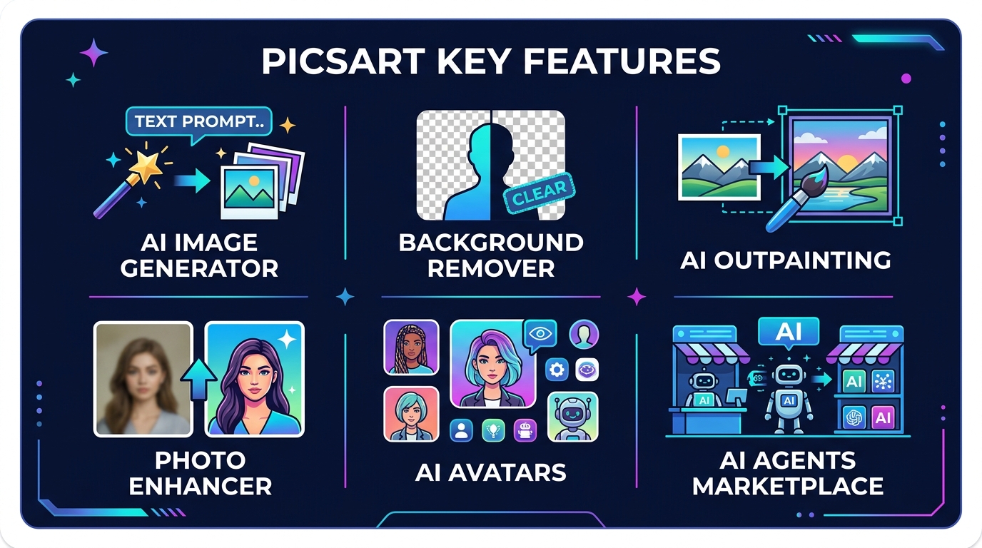Picsart key features infographic showing AI image generator, background remover, AI outpainting, photo enhancer, AI avatars, and AI agents marketplace