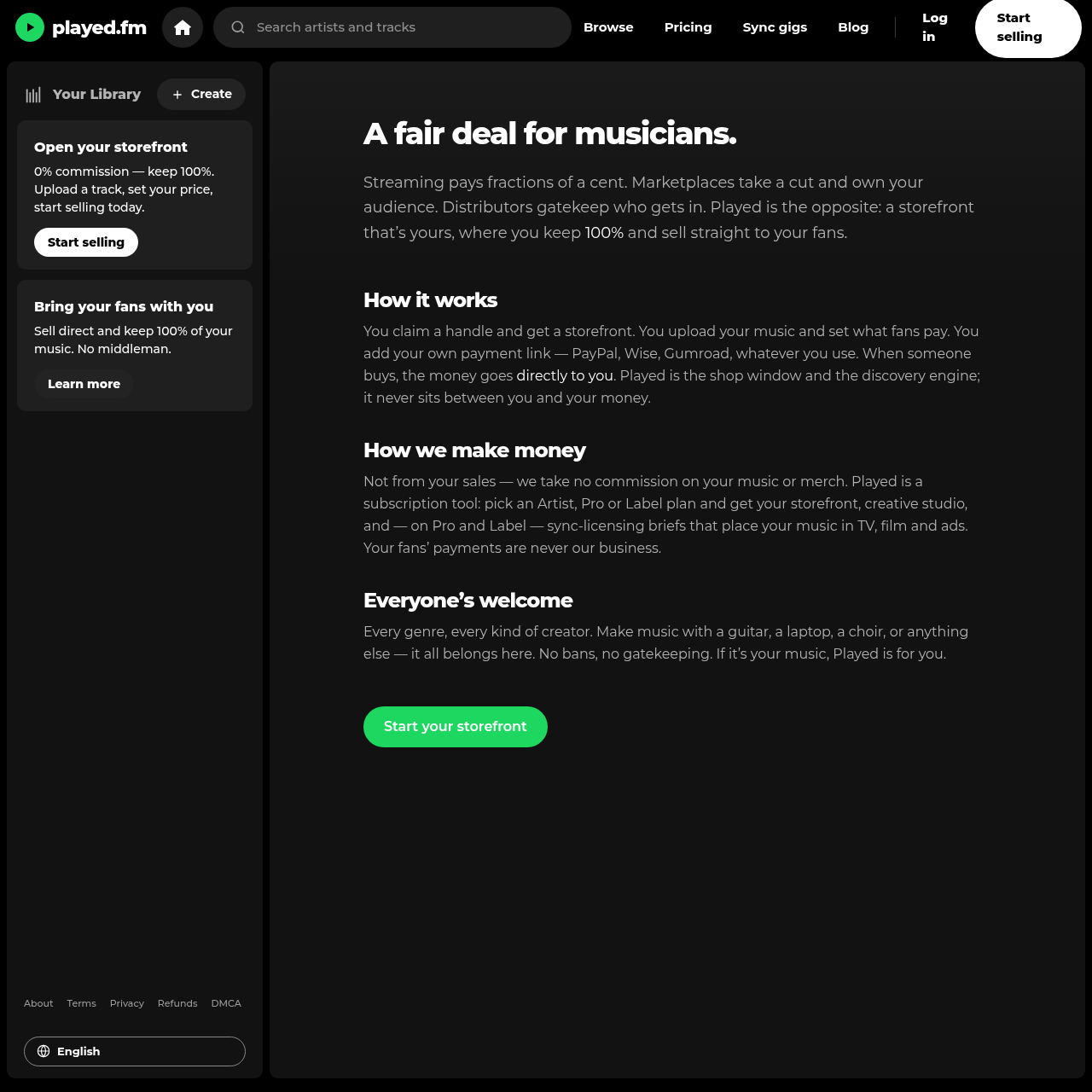 played.fm about page explaining its no-cut, no-gatekeeper mission