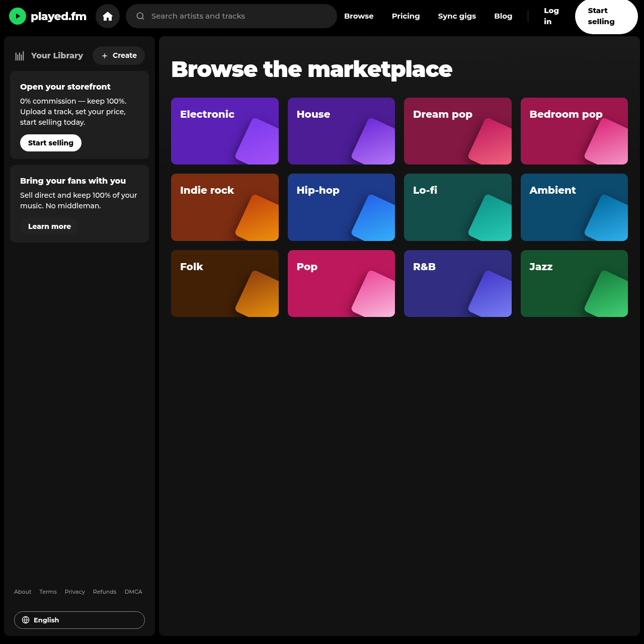 played.fm browse page showing genre-diverse independent artists