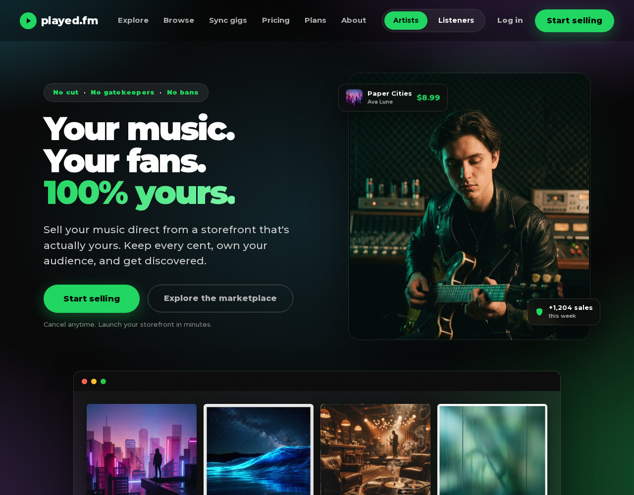 played.fm homepage for artists to start selling music directly