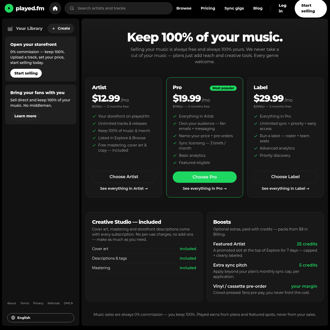 played.fm pricing page showing Artist, Pro and Label plans