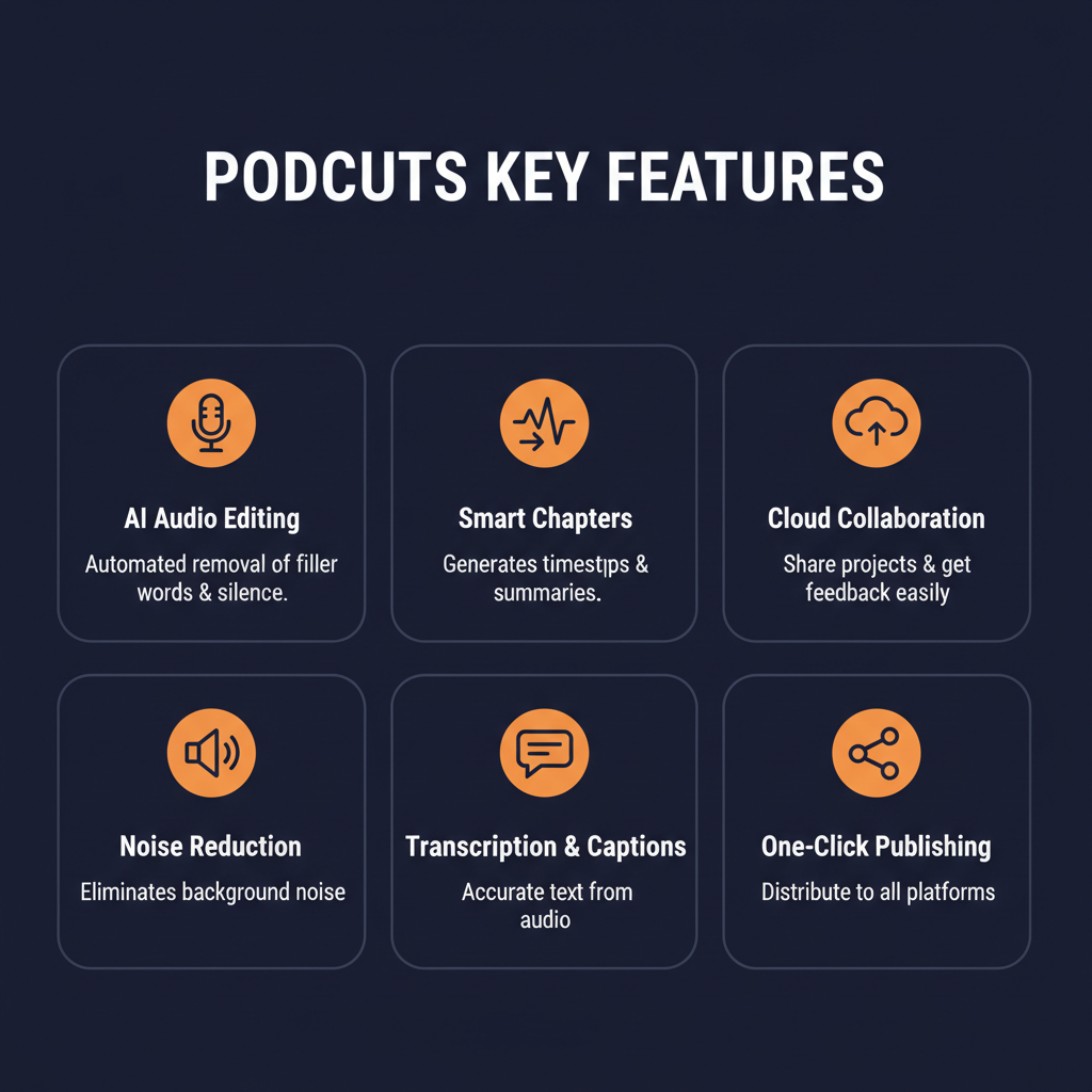 Podcuts key features infographic showing main capabilities