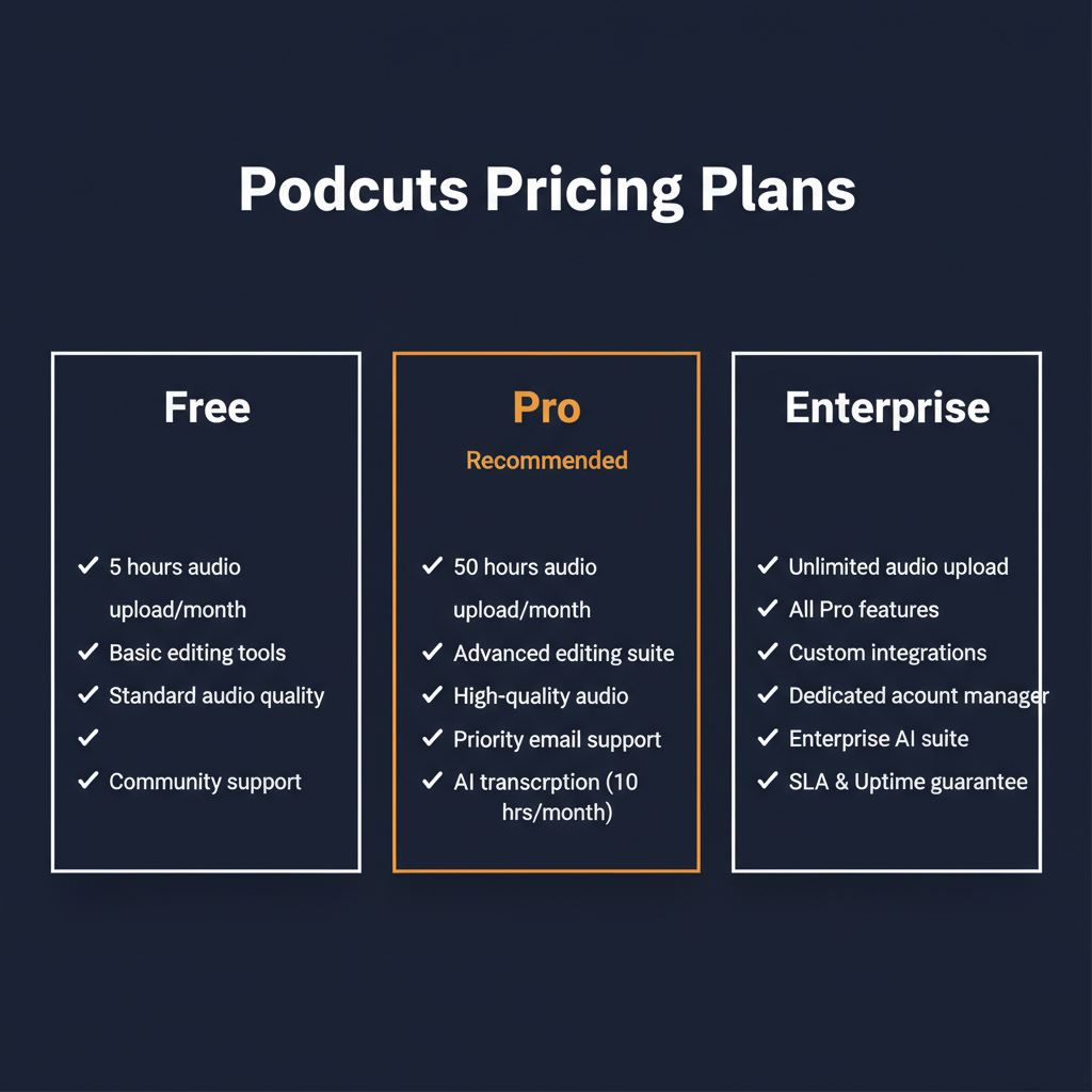 Podcuts pricing comparison showing plan tiers and features