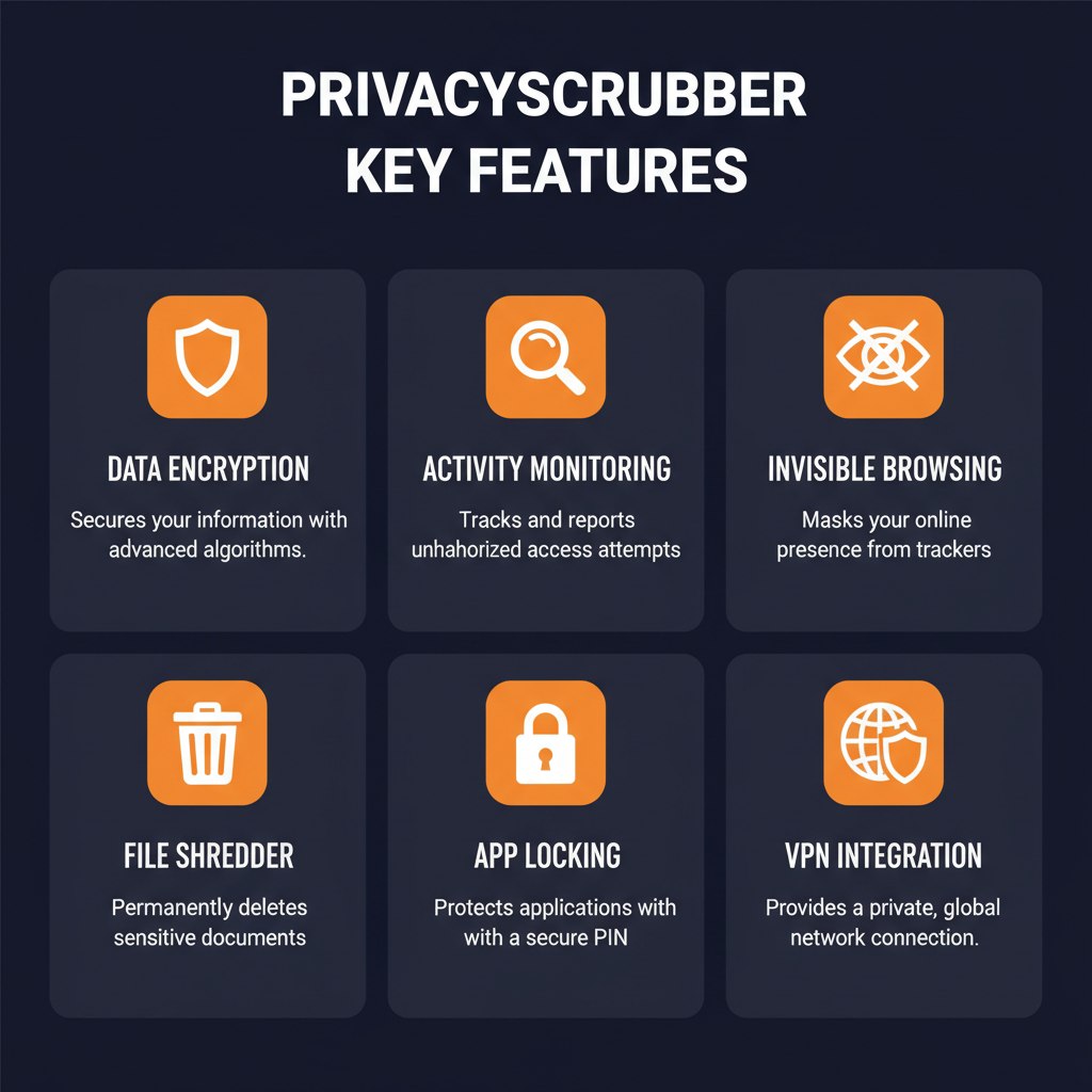 PrivacyScrubber key features infographic showing main capabilities