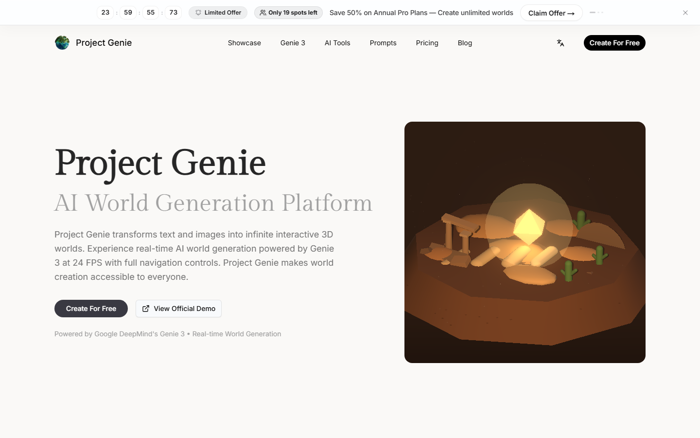 Project Genie homepage screenshot showing the main interface and navigation