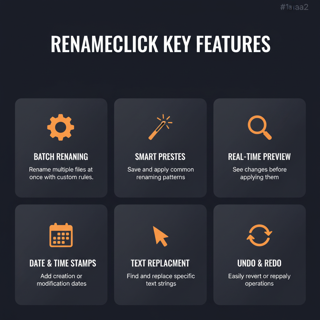 RenameClick key features infographic showing main capabilities